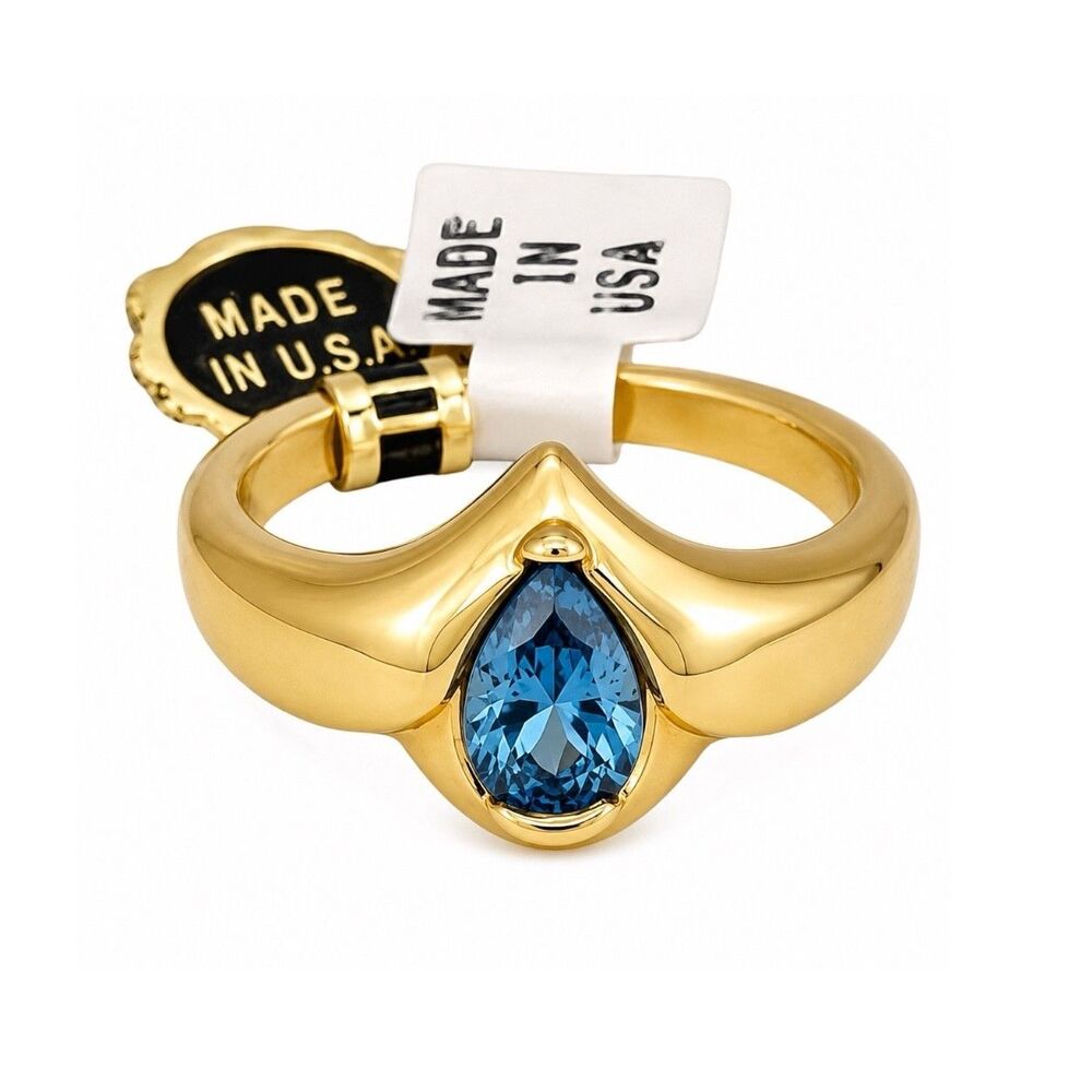 Vintage 1970s Cocktail Ring Size 6 Blue Cubic Zirconia Pear Gold Tone - 14X